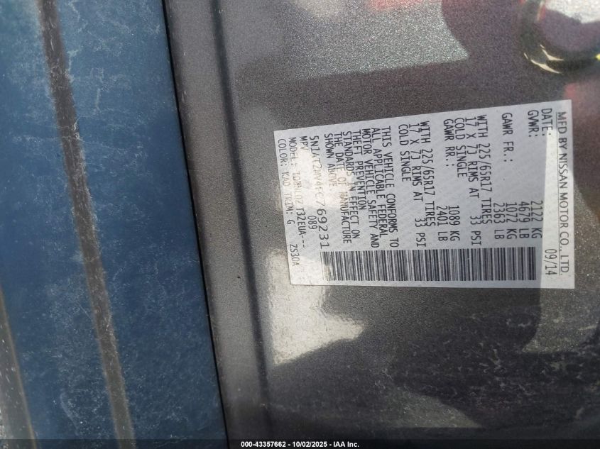 2015 Nissan Rogue Sv VIN: 5N1AT2MV4FC769231 Lot: 43357662