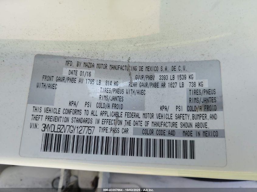 2016 Scion Ia VIN: 3MYDLBZV7GY127767 Lot: 43357664