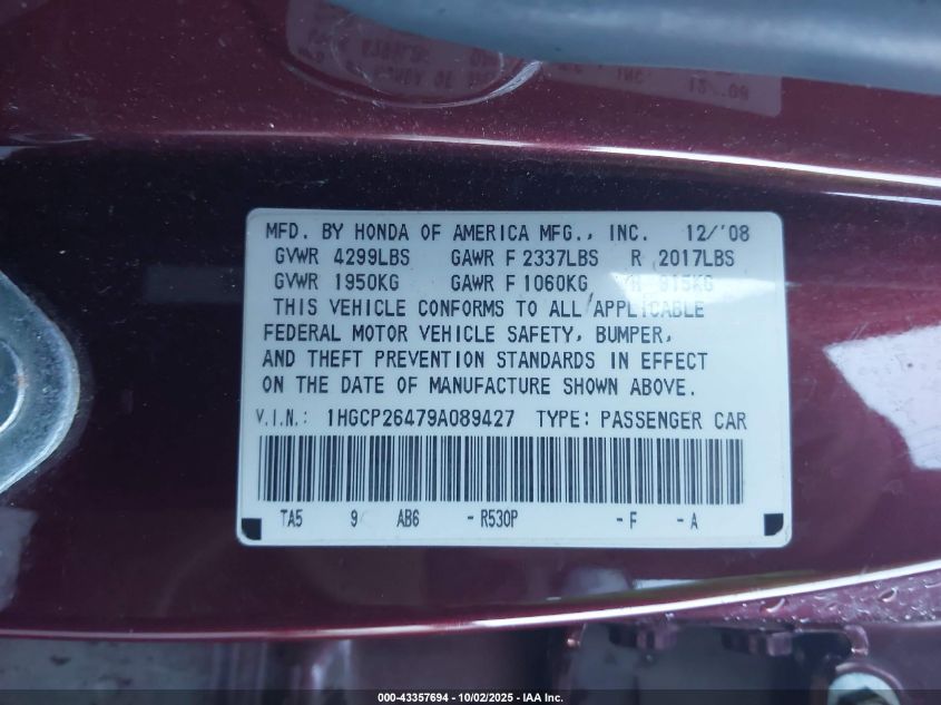 2009 Honda Accord 2.4 Lx-P VIN: 1HGCP26479A089427 Lot: 43357694