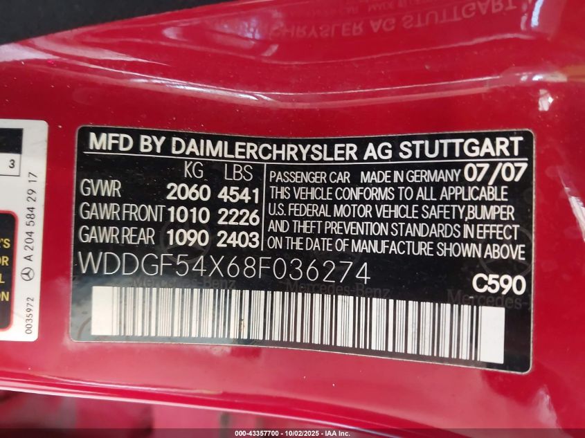 2008 Mercedes-Benz C 300 Luxury/Sport VIN: WDDGF54X68F036274 Lot: 43357700