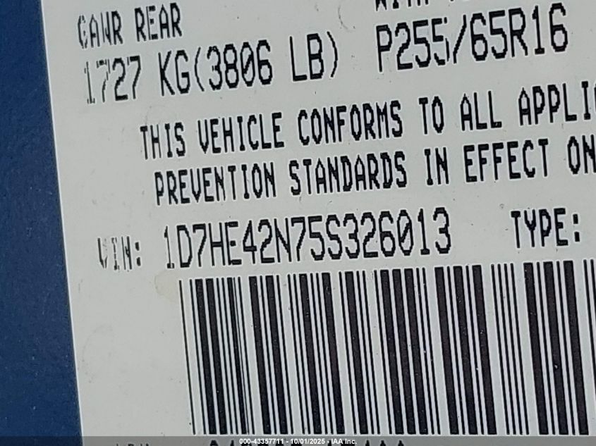 2005 Dodge Dakota Slt VIN: 1D7HE42N75S326013 Lot: 43357711