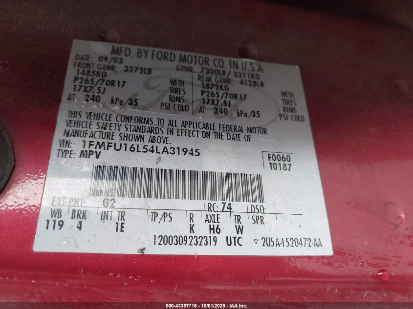 2004 Ford Expedition Nbx/Xlt VIN: 1FMFU16L54LA31945 Lot: 43357716