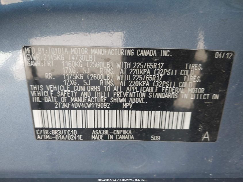 2012 Toyota Rav4 VIN: 2T3KF4DV4CW119092 Lot: 43357724