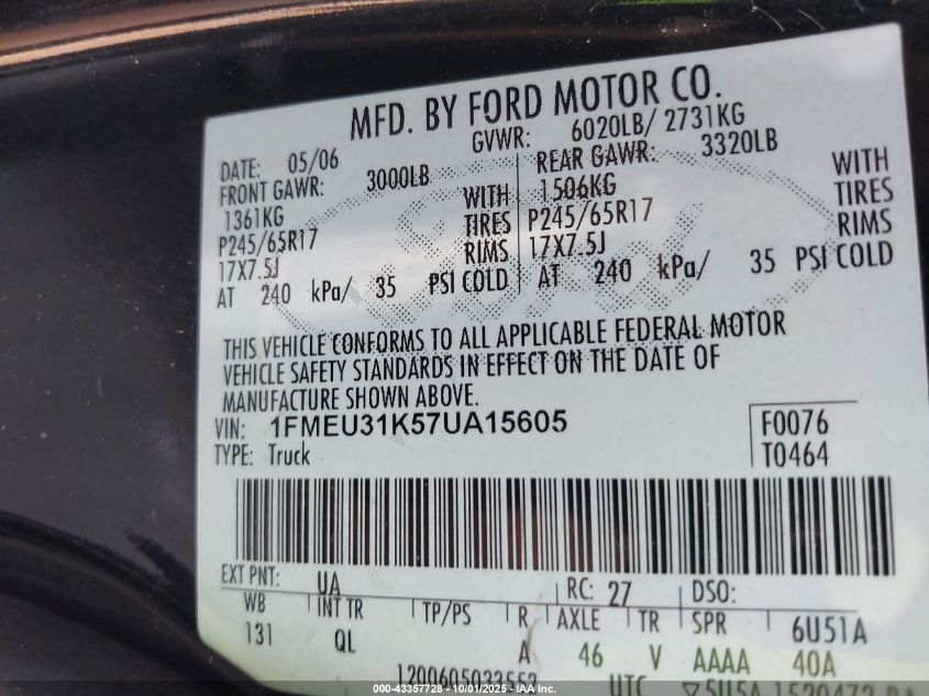 2007 Ford Explorer Sport Trac Xlt VIN: 1FMEU31K57UA15605 Lot: 43357728