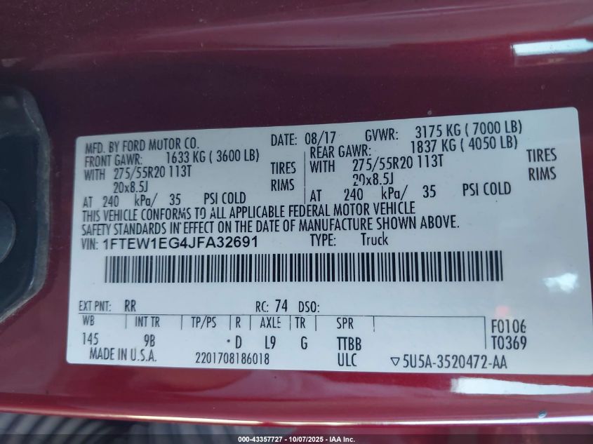 2018 Ford F-150 Platinum VIN: 1FTEW1EG4JFA32691 Lot: 43357727