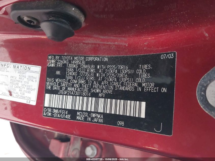 2003 Toyota Highlander V6 VIN: JTEGF21A730118014 Lot: 43357729