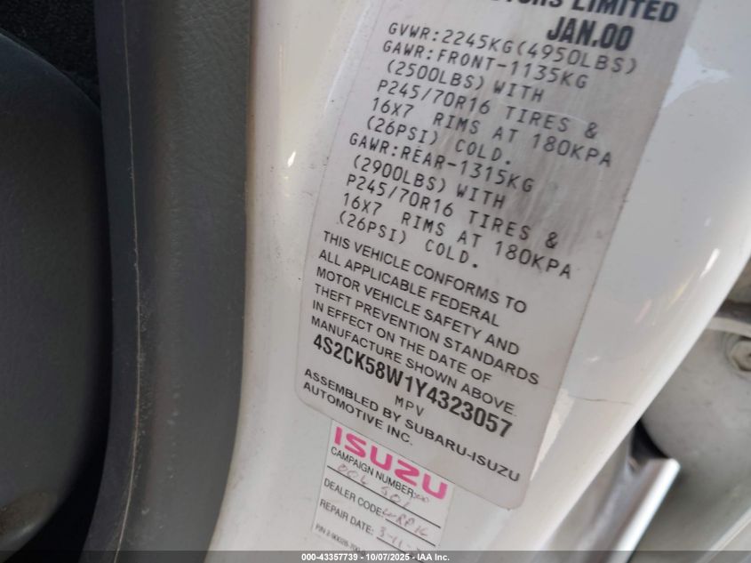 2000 Isuzu Rodeo Ls/Lse/S 3.2L VIN: 4S2CK58W1Y4323057 Lot: 43357739