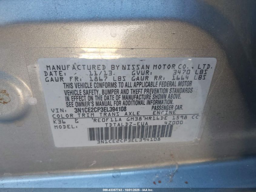 2014 Nissan Versa Note Sv VIN: 3N1CE2CP3EL394108 Lot: 43357743