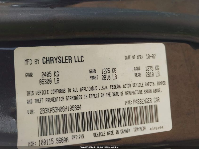 2008 Dodge Charger R/T VIN: 2B3KA53H08H109894 Lot: 43357745