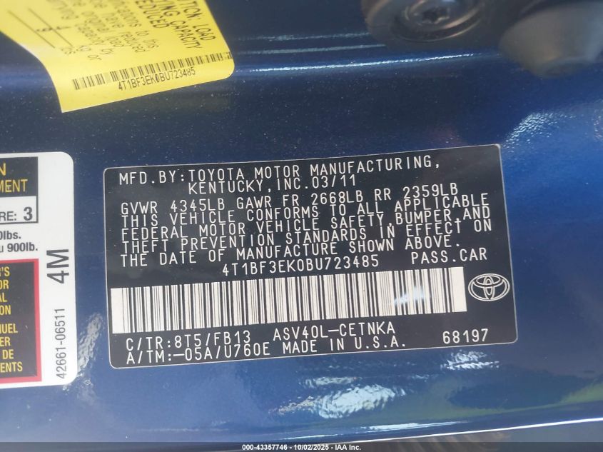 2011 Toyota Camry Le VIN: 4T1BF3EK0BU723485 Lot: 43357746