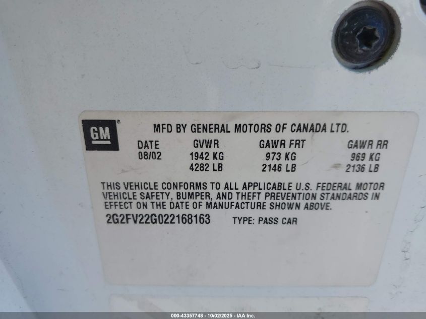 2002 Pontiac Firebird Trans Am VIN: 2G2FV22G022168163 Lot: 43357748