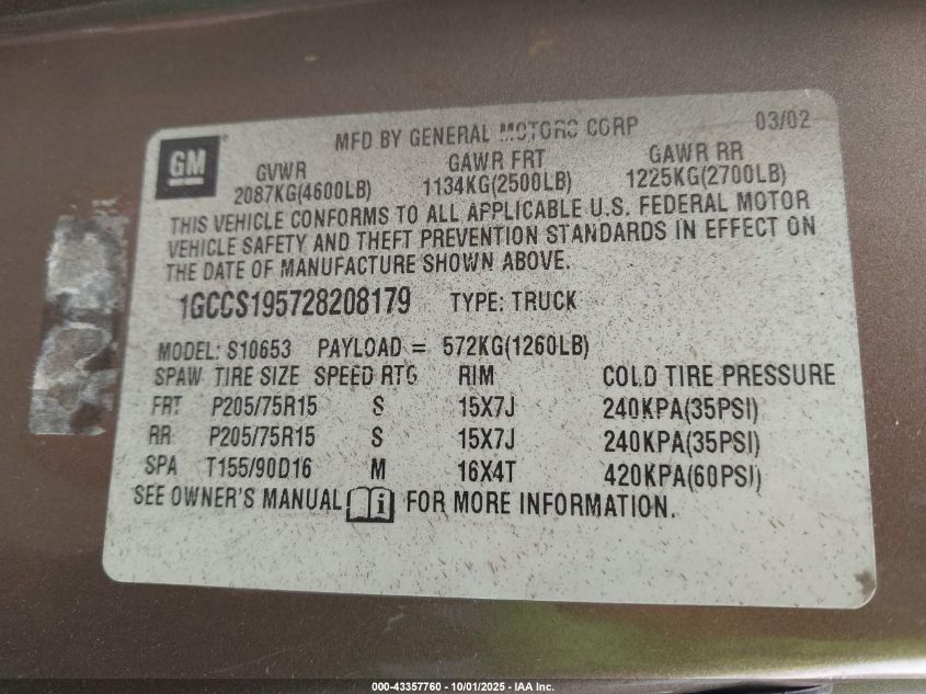 2002 Chevrolet S-10 VIN: 1GCCS195728208179 Lot: 43357760