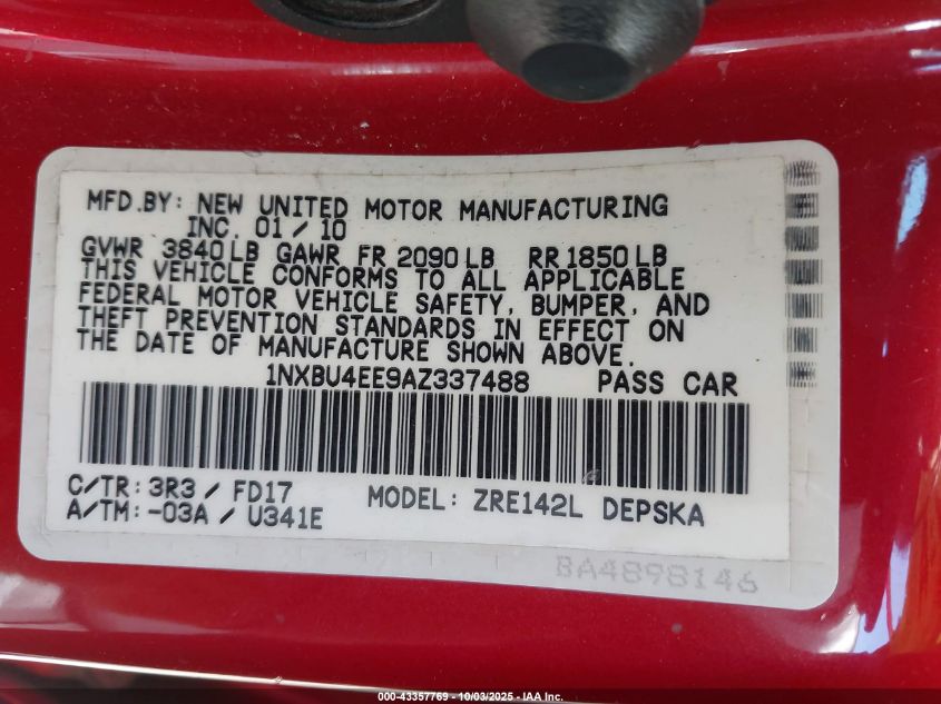 2010 Toyota Corolla S VIN: 1NXBU4EE9AZ337488 Lot: 43357769