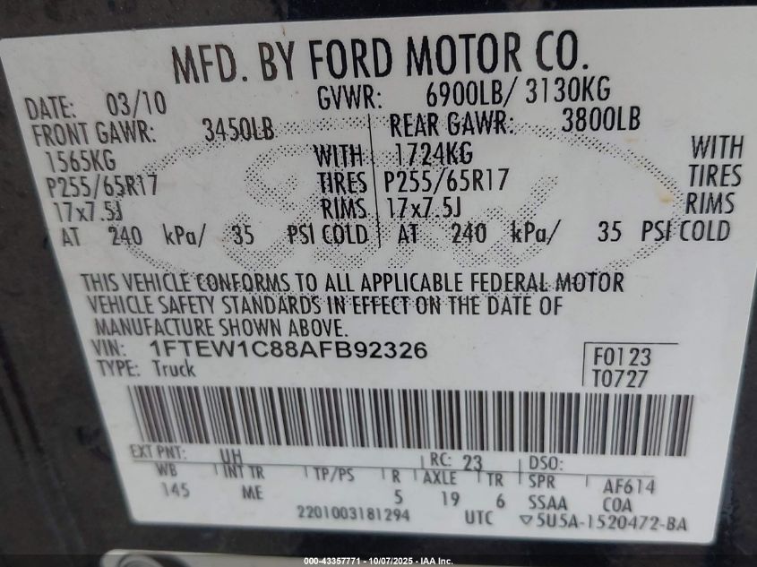 2010 Ford F-150 Fx2 Sport/Xl/Xlt VIN: 1FTEW1C88AFB92326 Lot: 43357771