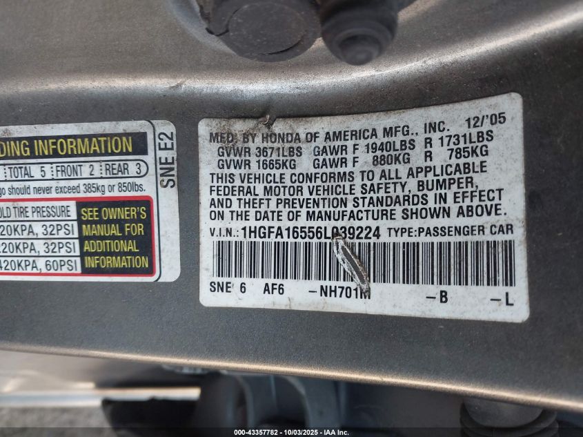 2006 Honda Civic Lx VIN: 1HGFA16556L039224 Lot: 43357782