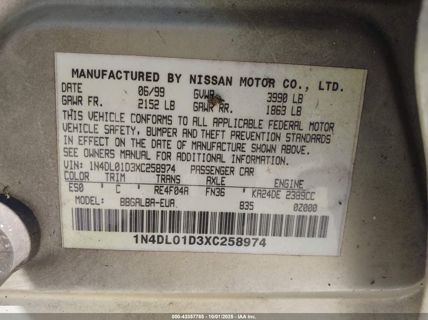 1999 Nissan Altima Gle/Gxe/Se/Se-L/Xe VIN: 1N4DL01D3XC258974 Lot: 43357785