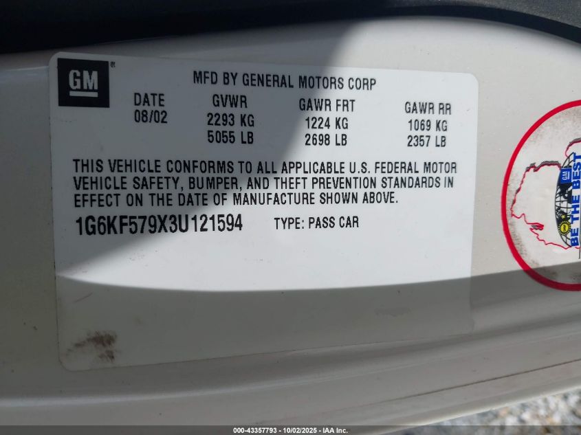 2003 Cadillac Deville Dts VIN: 1G6KF579X3U121594 Lot: 43357793