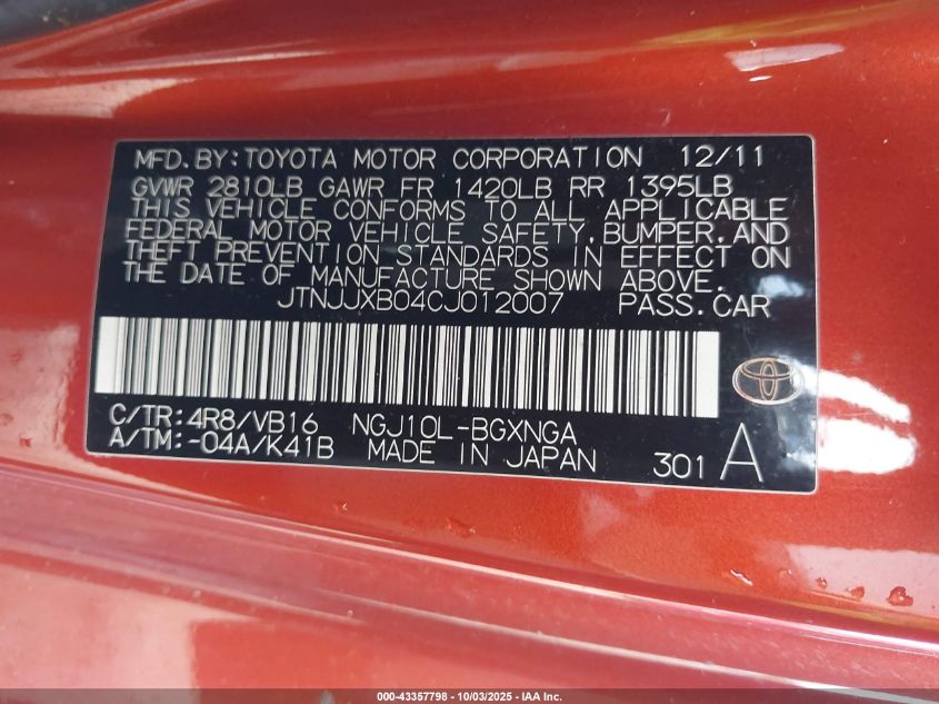 2012 Scion Iq VIN: JTNJJXB04CJ012007 Lot: 43357798