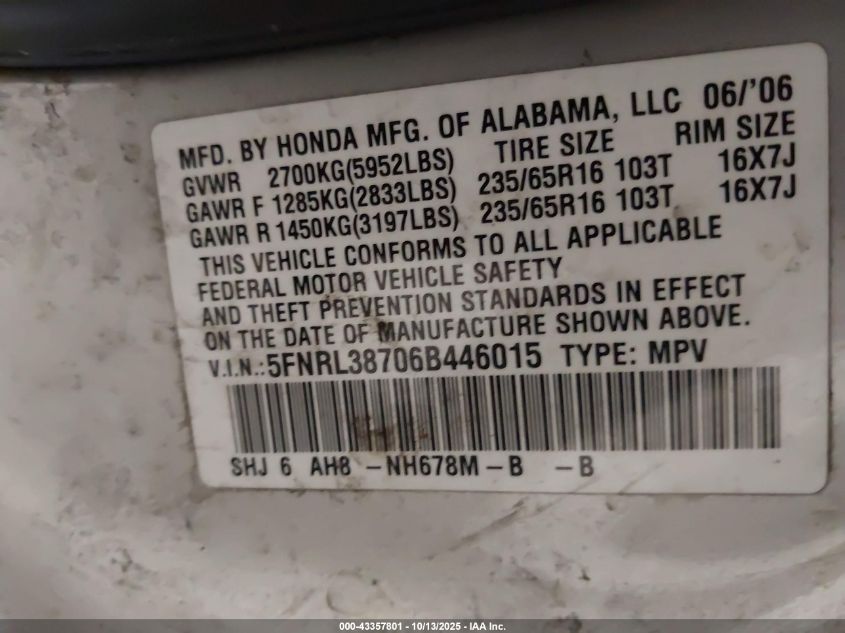 2006 Honda Odyssey Ex-L VIN: 5FNRL38706B446015 Lot: 43357801