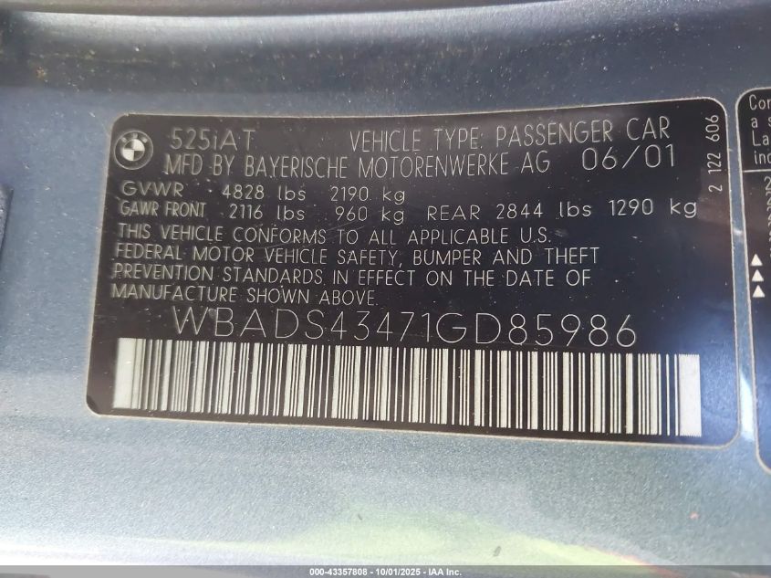 2001 BMW 525Ia VIN: WBADS43471GD85986 Lot: 43357808