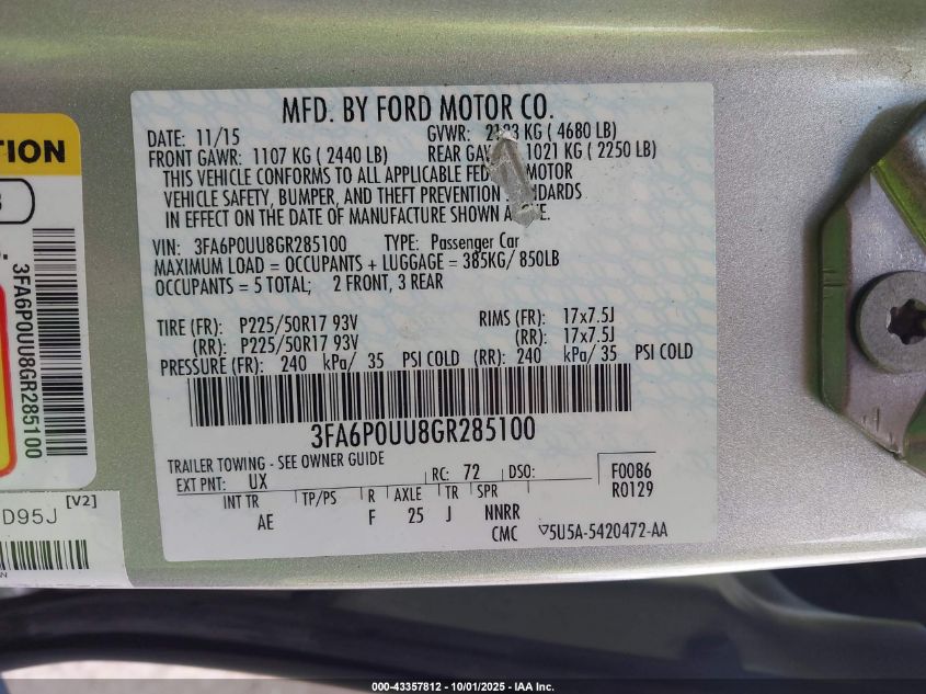 2016 Ford Fusion Hybrid S VIN: 3FA6P0UU8GR285100 Lot: 43357812