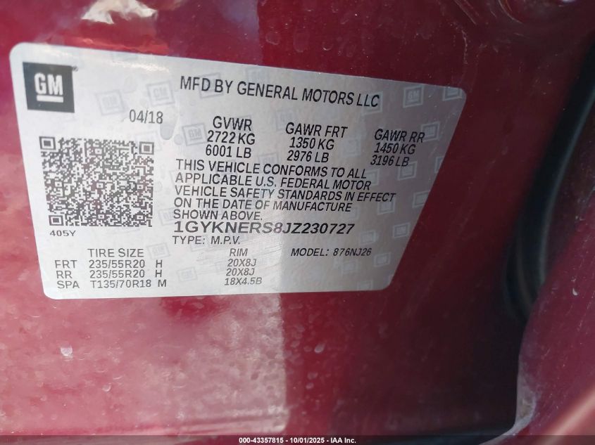 2018 Cadillac Xt5 Premium Luxury VIN: 1GYKNERS8JZ230727 Lot: 43357815