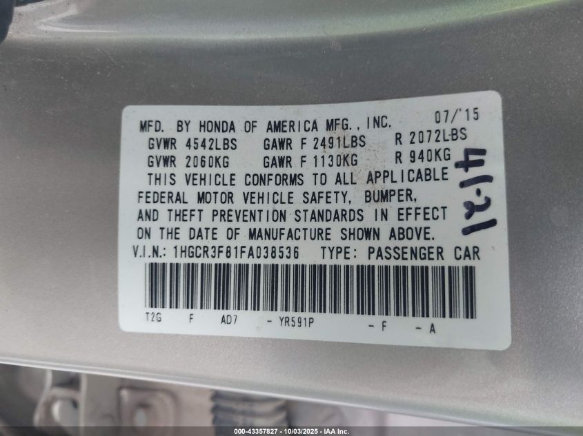 2015 Honda Accord Ex-L V-6 VIN: 1HGCR3F81FA038536 Lot: 43357827