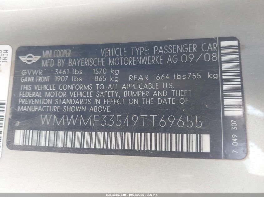 2009 Mini Cooper VIN: WMWMF33549TT69655 Lot: 43357830