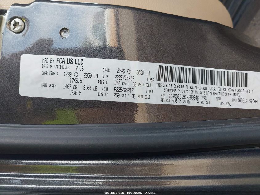 2016 Dodge Grand Caravan Sxt VIN: 2C4RDGCG9GR380646 Lot: 43357836