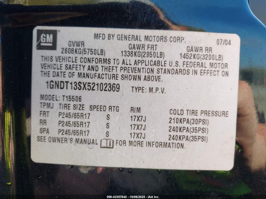 2005 Chevrolet Trailblazer Lt VIN: 1GNDT13SX52102369 Lot: 43357840