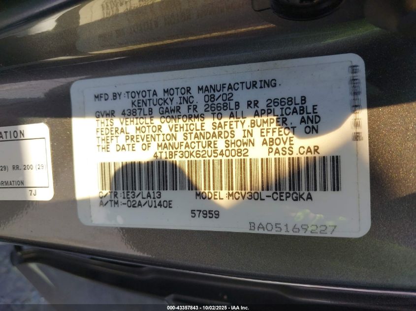 2002 Toyota Camry Xle V6 VIN: 4T1BF30K62U540082 Lot: 43357843