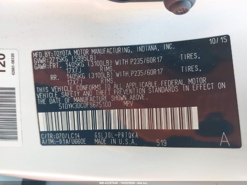 2015 Toyota Sienna Xle Premium 8 Passenger VIN: 5TDYK3DC0FS675100 Lot: 43357846