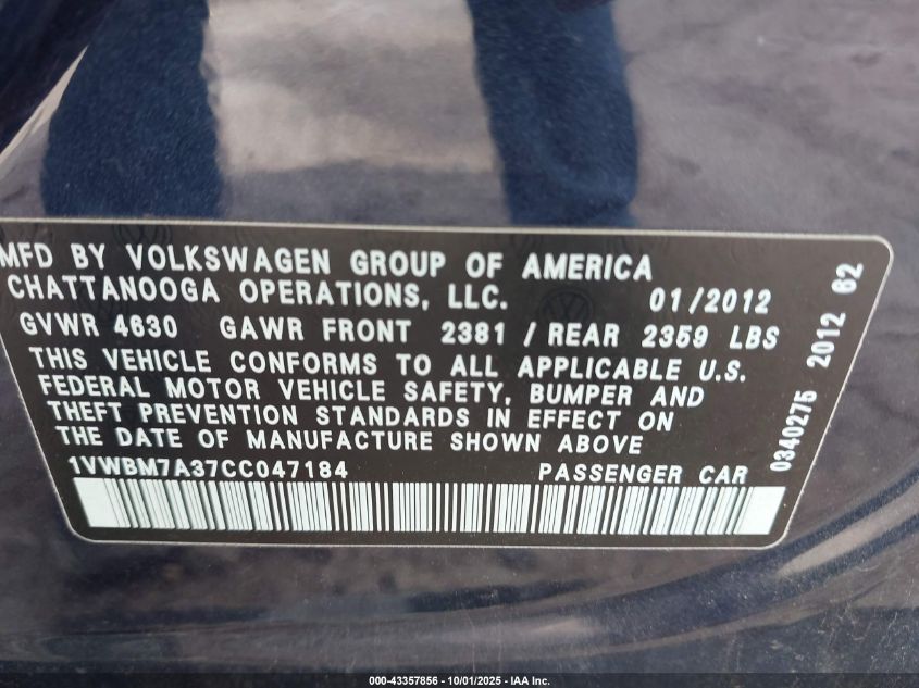 2012 Volkswagen Passat 3.6L V6 Se VIN: 1VWBM7A37CC047184 Lot: 43357856