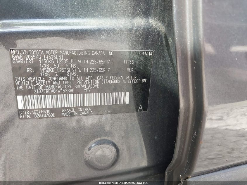 2015 Toyota Rav4 Le VIN: 2T3ZFREV6FW153386 Lot: 43357860