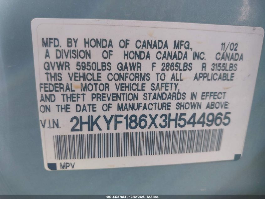 2003 Honda Pilot Ex-L VIN: 2HKYF186X3H544965 Lot: 43357861