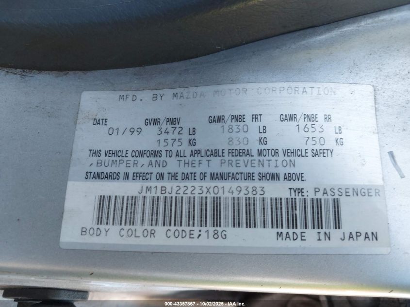 1999 Mazda Protege Dx/Lx VIN: JM1BJ2223X0149383 Lot: 43357867