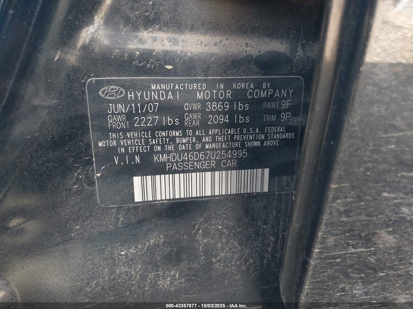 KMHDU46D67U254995 2007 HYUNDAI ELANTRA photo no. 9
