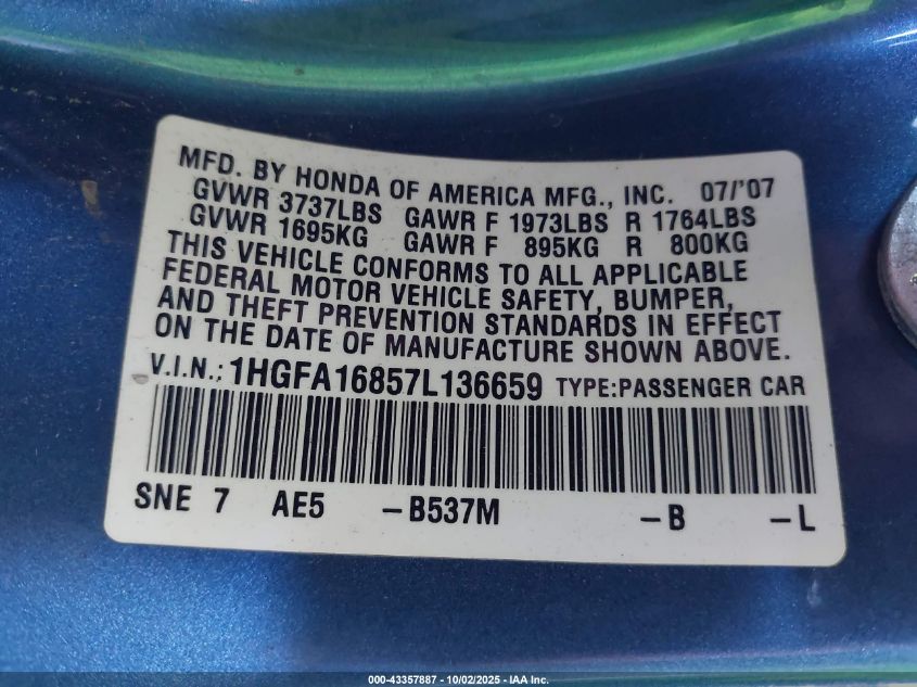 2007 Honda Civic Ex VIN: 1HGFA16857L136659 Lot: 43357887