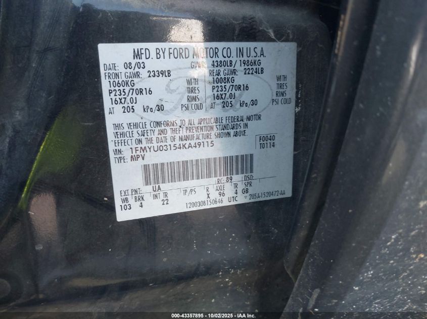 2004 Ford Escape Xlt VIN: 1FMYU03154KA49115 Lot: 43357895