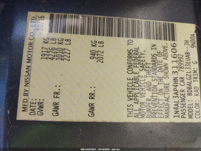 2017 NISSAN ALTIMA 2.5 S 1N4AL3AP4HN311606