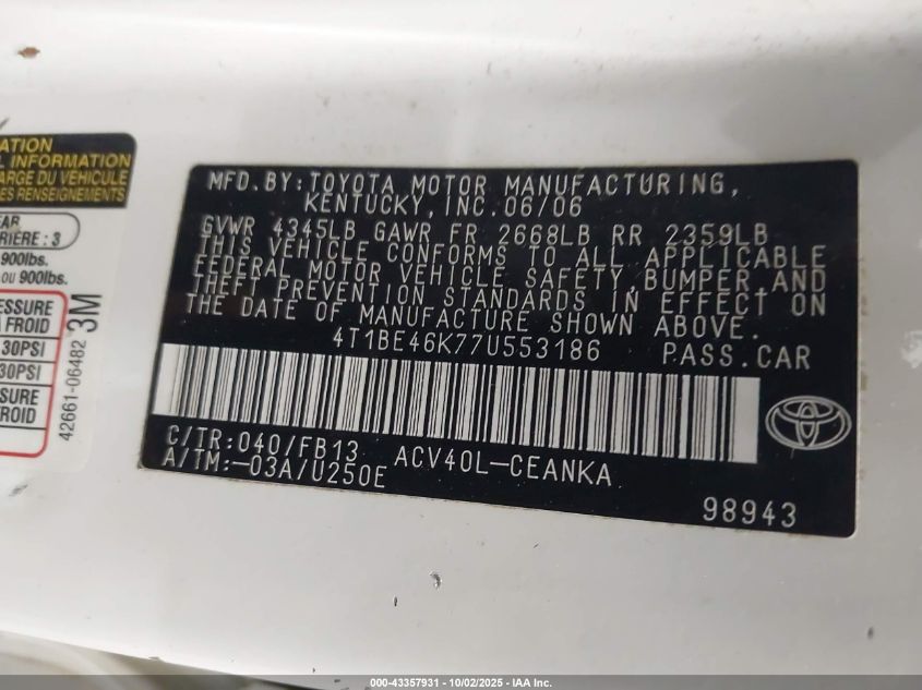 2007 Toyota Camry Le VIN: 4T1BE46K77U553186 Lot: 43357931