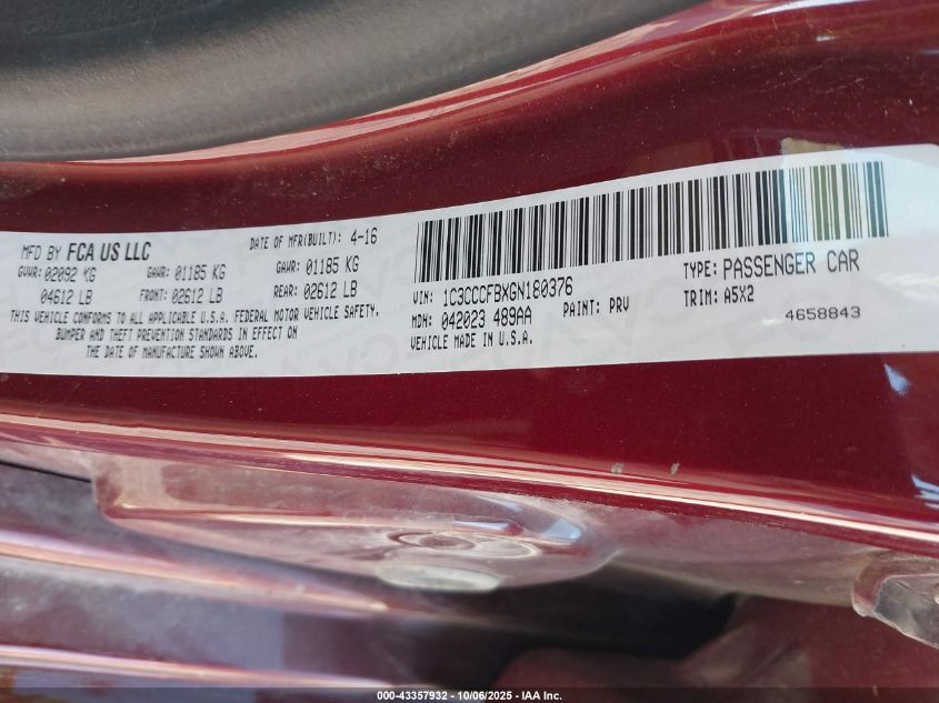 2016 Chrysler 200 Lx VIN: 1C3CCCFBXGN180376 Lot: 43357932