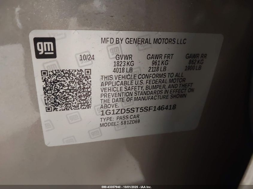 2025 Chevrolet Malibu Fwd 1Lt VIN: 1G1ZD5ST5SF146418 Lot: 43357940