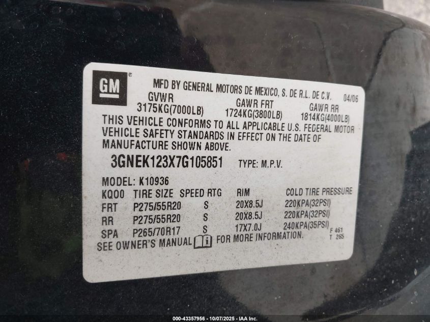 2007 Chevrolet Avalanche 1500 Ltz VIN: 3GNEK123X7G105851 Lot: 43357956