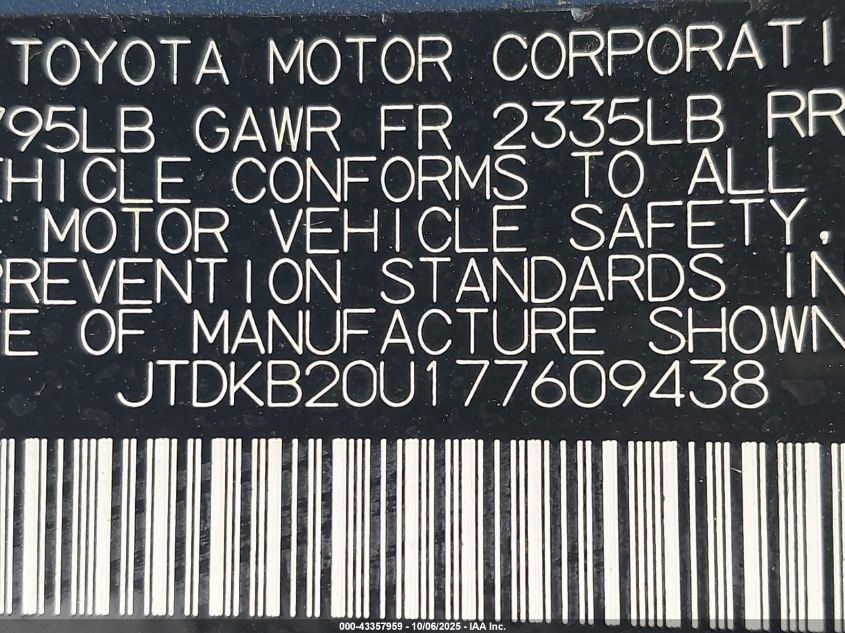 2007 Toyota Prius VIN: JTDKB20U177609438 Lot: 43357959