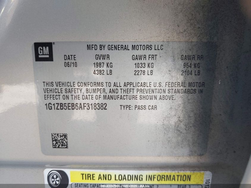 2010 Chevrolet Malibu Ls VIN: 1G1ZB5EB6AF318382 Lot: 43357965