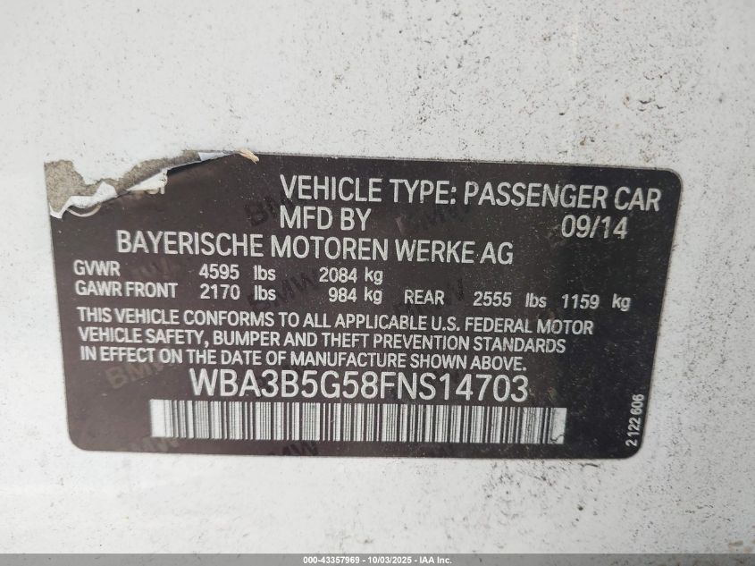 2015 BMW 328I xDrive VIN: WBA3B5G58FNS14703 Lot: 43357969