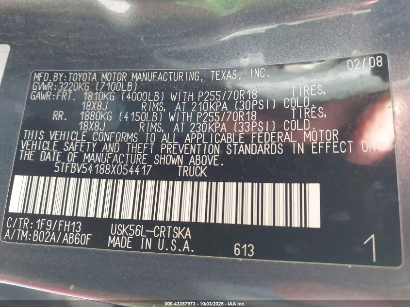 2008 Toyota Tundra Base 5.7L V8 VIN: 5TFBV54188X054417 Lot: 43357973