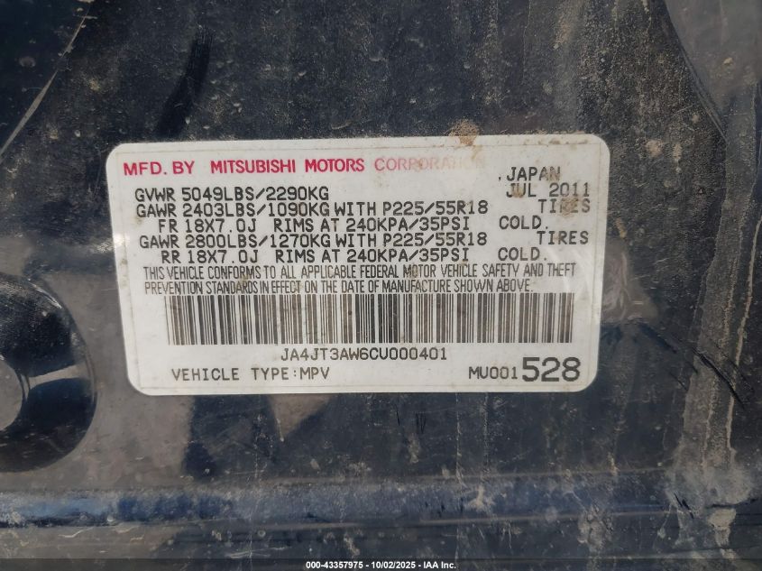 2012 Mitsubishi Outlander Se VIN: JA4JT3AW6CU000401 Lot: 43357975