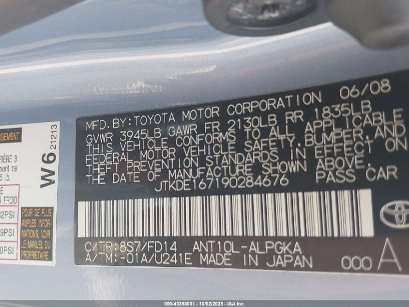 2009 Scion Tc VIN: JTKDE167190284676 Lot: 43358001